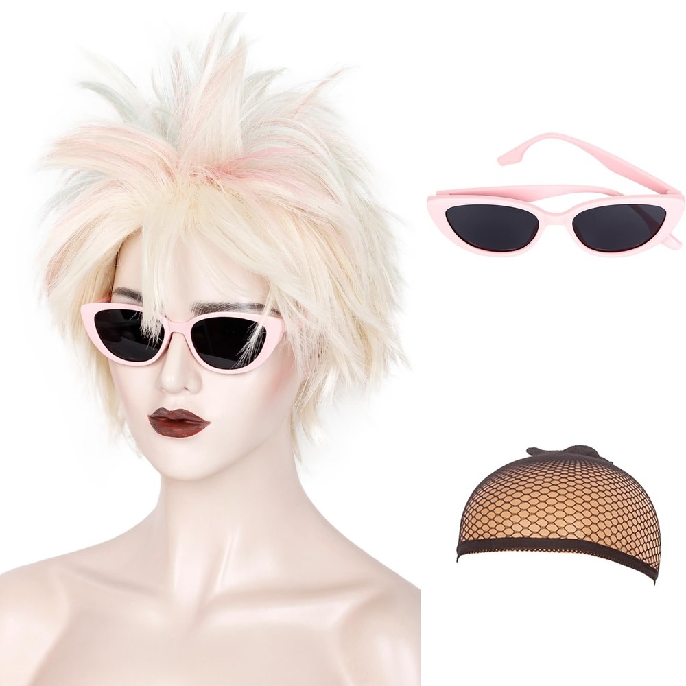 NWT WeKen Weird Barbie Blonde Pink Blue Spiky Wig Sunglasses Cap Costume Set